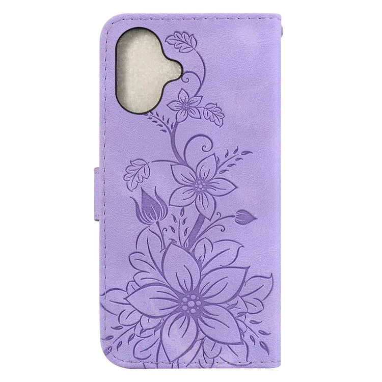 For iPhone 16 Plus Wallet Case PU Leather Phone Cover Flower Imprinted