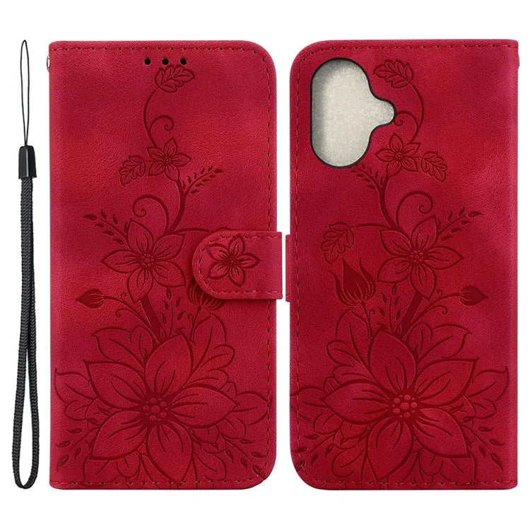 For iPhone 16 Plus Wallet Case PU Leather Phone Cover Flower Imprinted