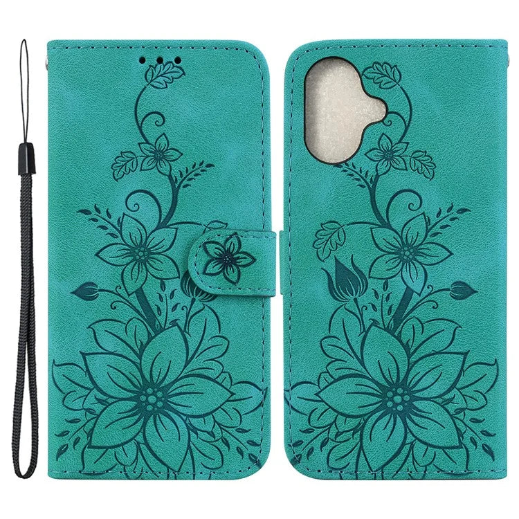 For iPhone 16 Plus Wallet Case PU Leather Phone Cover Flower Imprinted