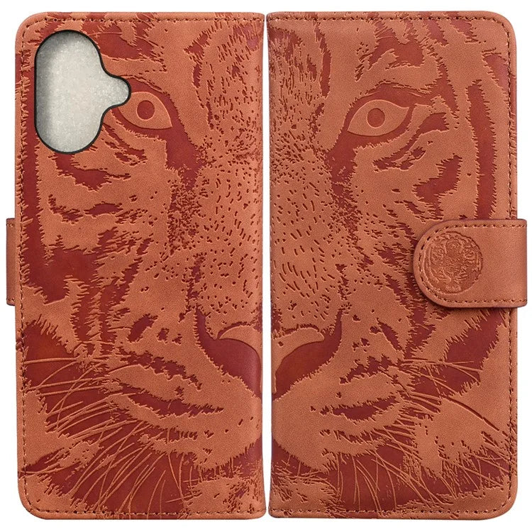 For iPhone 16 Plus Case Tiger Imprint Leather Shockproof Wallet Phone Cover