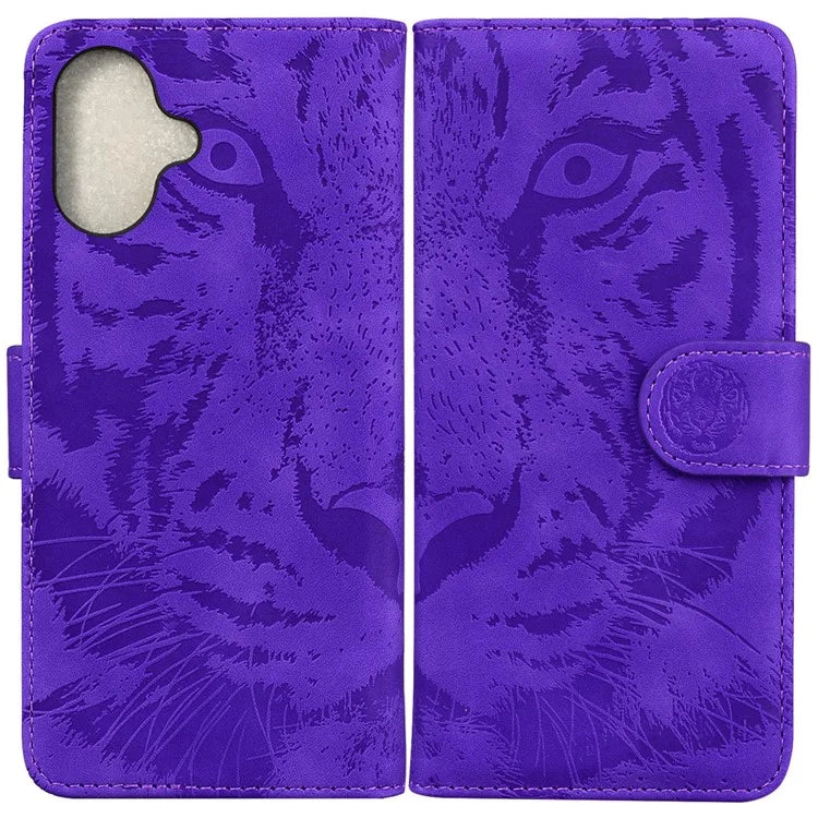 For iPhone 16 Plus Case Tiger Imprint Leather Shockproof Wallet Phone Cover