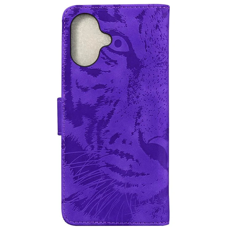 For iPhone 16 Plus Case Tiger Imprint Leather Shockproof Wallet Phone Cover