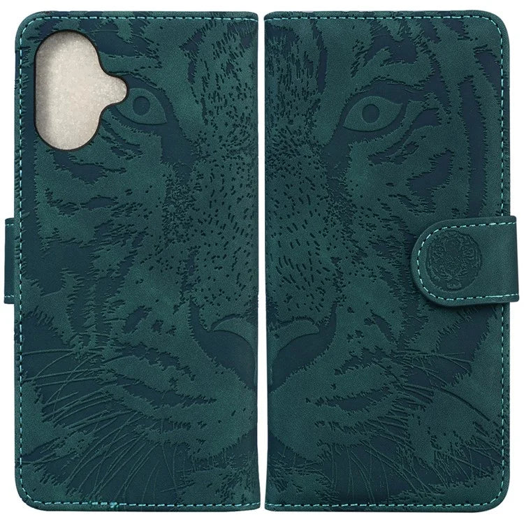 For iPhone 16 Plus Case Tiger Imprint Leather Shockproof Wallet Phone Cover