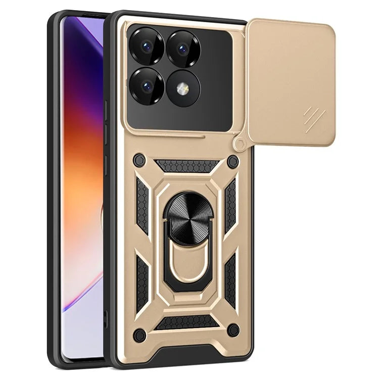 For Xiaomi Poco F6 Pro 5G / Redmi K70 5G / K70 Pro 5G Case PC+TPU Kickstand Phone Shell with Slide Camera Lid