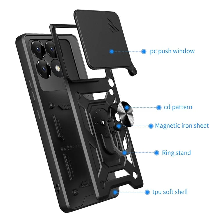 For Xiaomi Poco F6 Pro 5G / Redmi K70 5G / K70 Pro 5G Case PC+TPU Kickstand Phone Shell with Slide Camera Lid