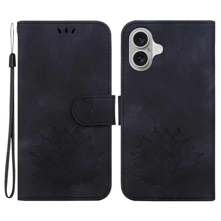 For iPhone 16 Phone Case Lotus Imprint Leather Stand Wallet Cover