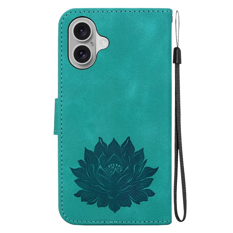 For iPhone 16 Phone Case Lotus Imprint Leather Stand Wallet Cover