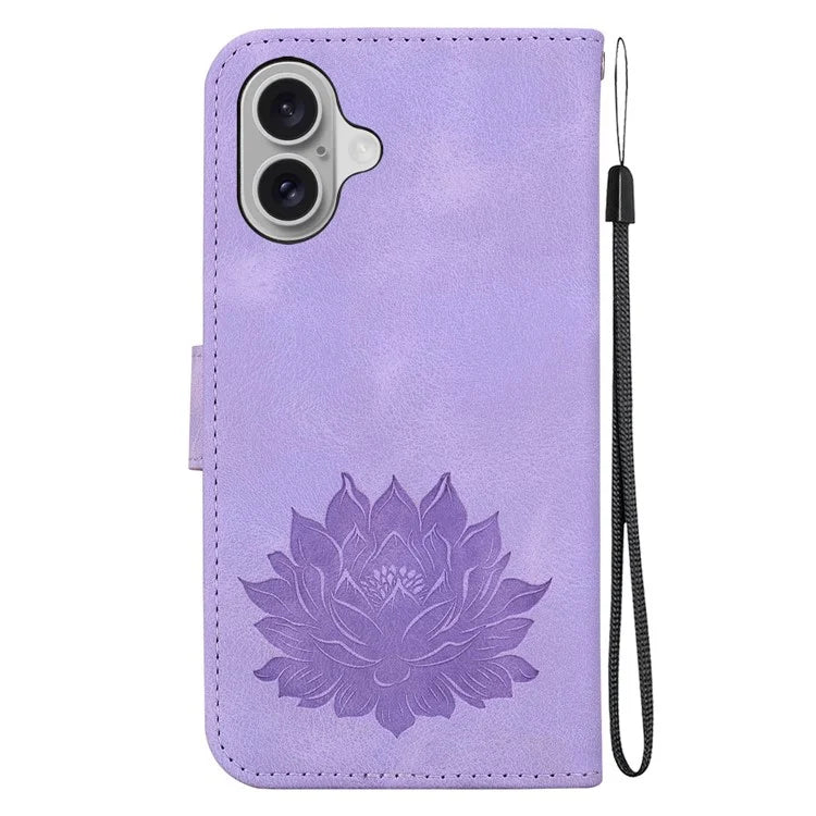 For iPhone 16 Phone Case Lotus Imprint Leather Stand Wallet Cover