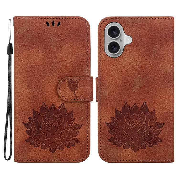 For iPhone 16 Phone Case Lotus Imprint Leather Stand Wallet Cover