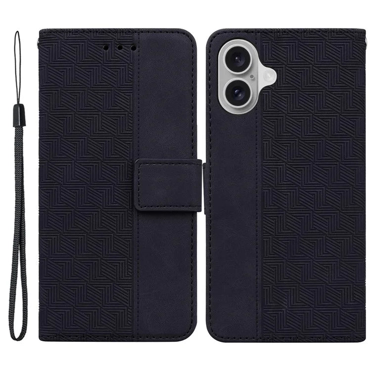 For iPhone 16 Case PU Leather Geometry Imprint Wallet Phone Cover