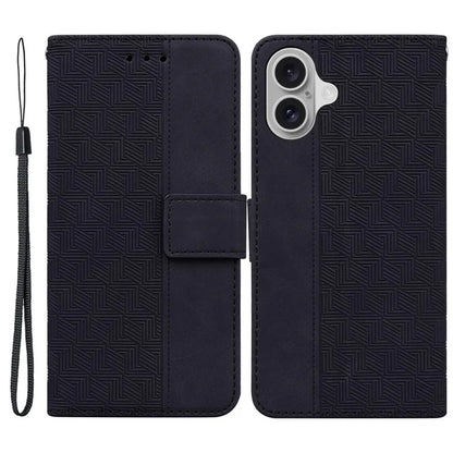 For iPhone 16 Case PU Leather Geometry Imprint Wallet Phone Cover