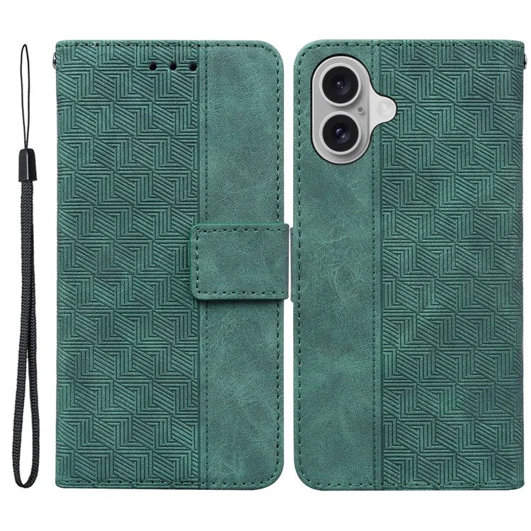 For iPhone 16 Case PU Leather Geometry Imprint Wallet Phone Cover