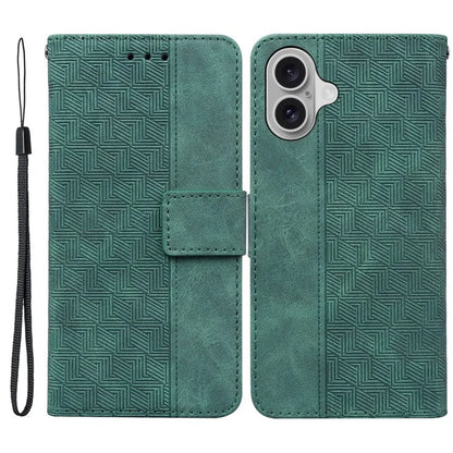 For iPhone 16 Case PU Leather Geometry Imprint Wallet Phone Cover