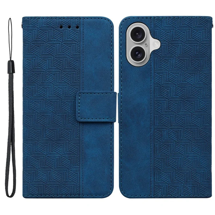 For iPhone 16 Case PU Leather Geometry Imprint Wallet Phone Cover