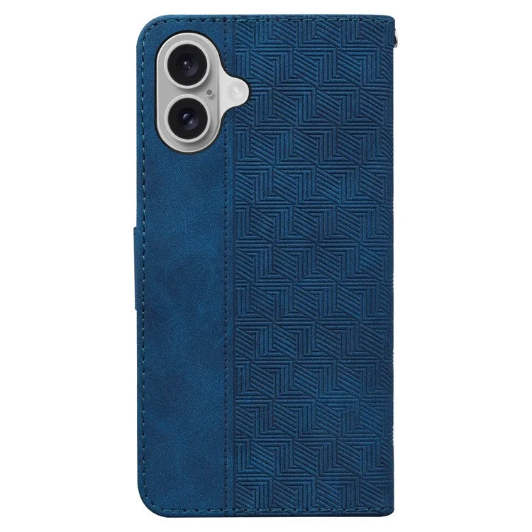 For iPhone 16 Case PU Leather Geometry Imprint Wallet Phone Cover