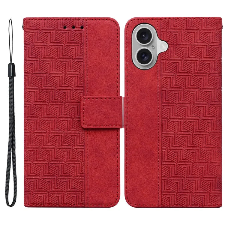 For iPhone 16 Case PU Leather Geometry Imprint Wallet Phone Cover