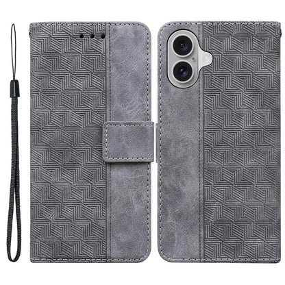 For iPhone 16 Case PU Leather Geometry Imprint Wallet Phone Cover