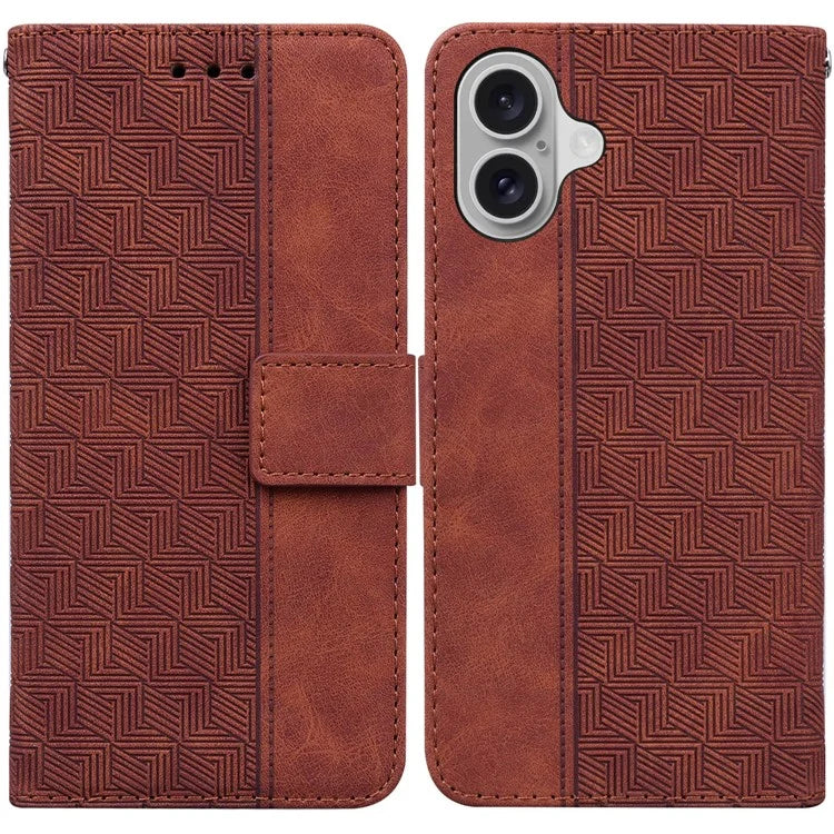 For iPhone 16 Case PU Leather Geometry Imprint Wallet Phone Cover