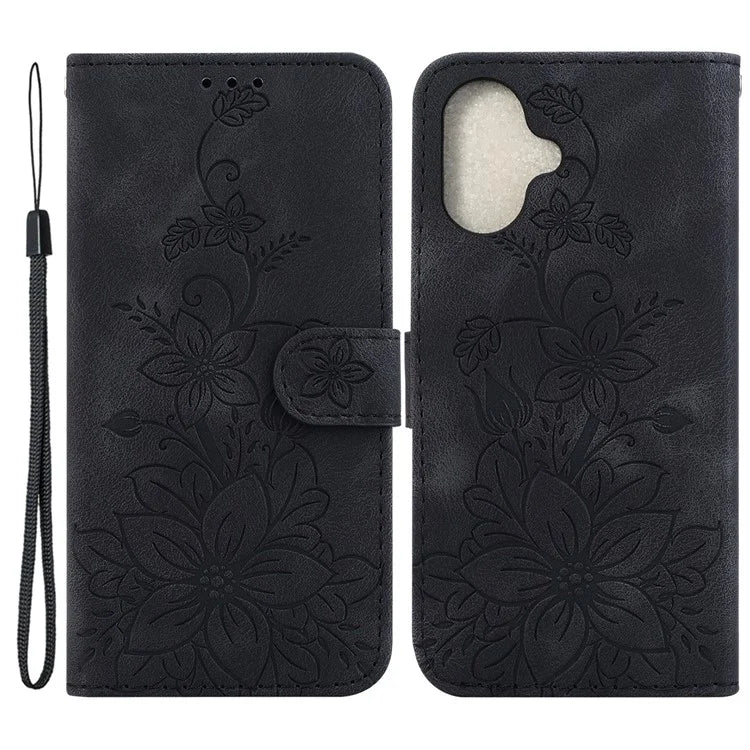 For iPhone 16 Wallet Case PU Leather Phone Cover Flower Imprinted