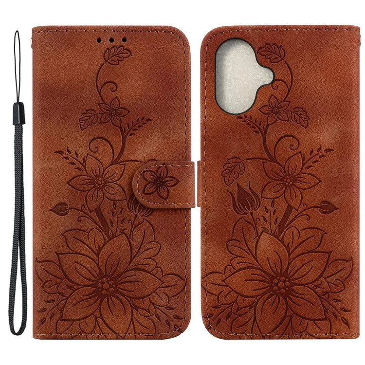 For iPhone 16 Wallet Case PU Leather Phone Cover Flower Imprinted