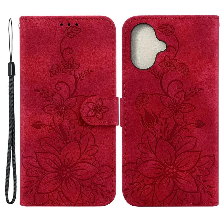 For iPhone 16 Wallet Case PU Leather Phone Cover Flower Imprinted