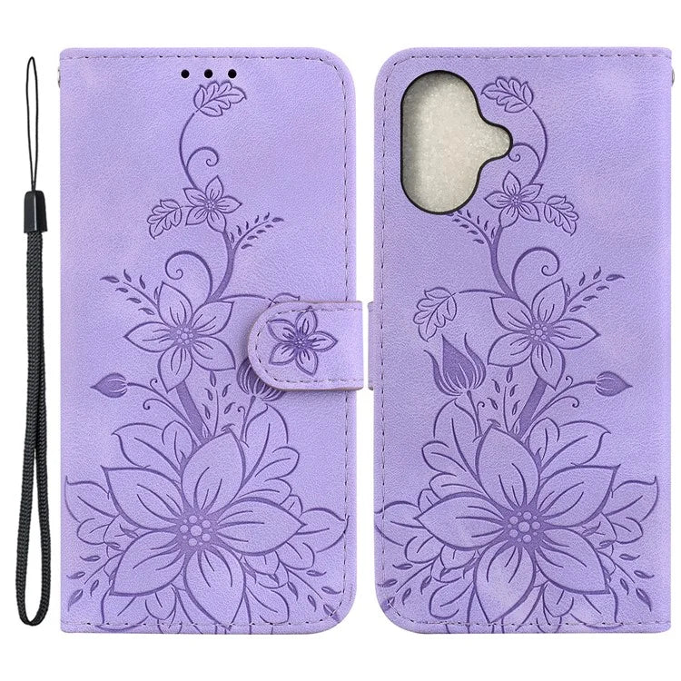 For iPhone 16 Wallet Case PU Leather Phone Cover Flower Imprinted