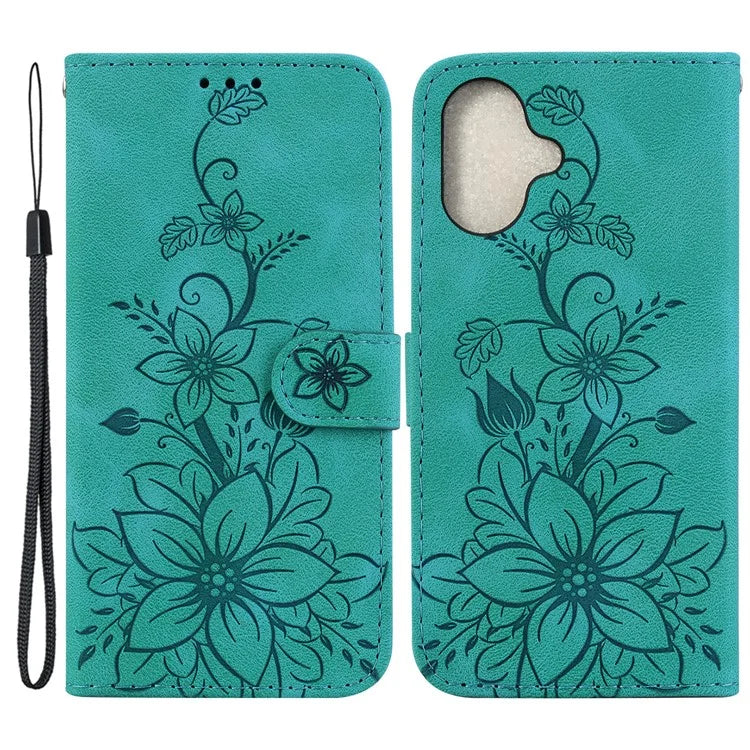 For iPhone 16 Wallet Case PU Leather Phone Cover Flower Imprinted