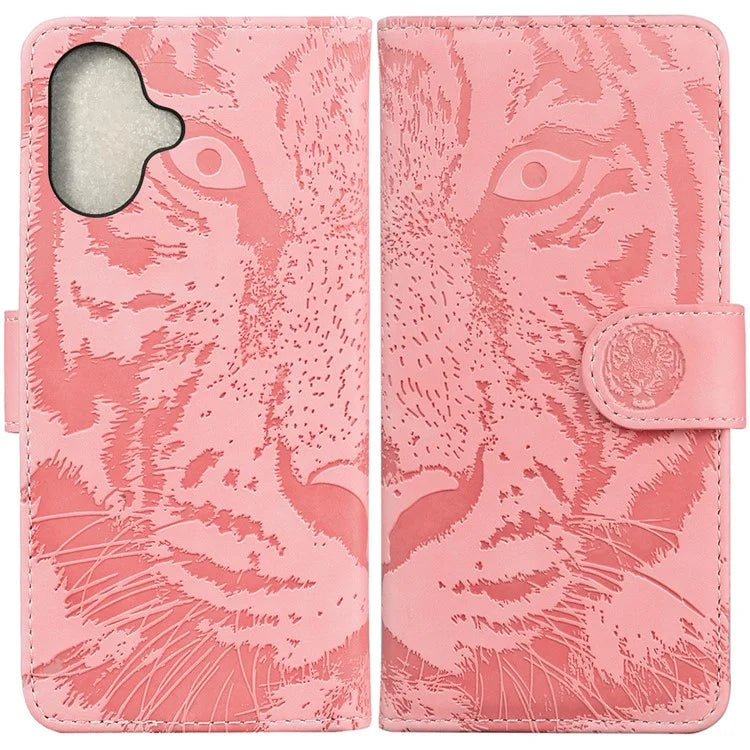 For iPhone 16 Case Tiger Imprint Leather Shockproof Wallet Phone Cover