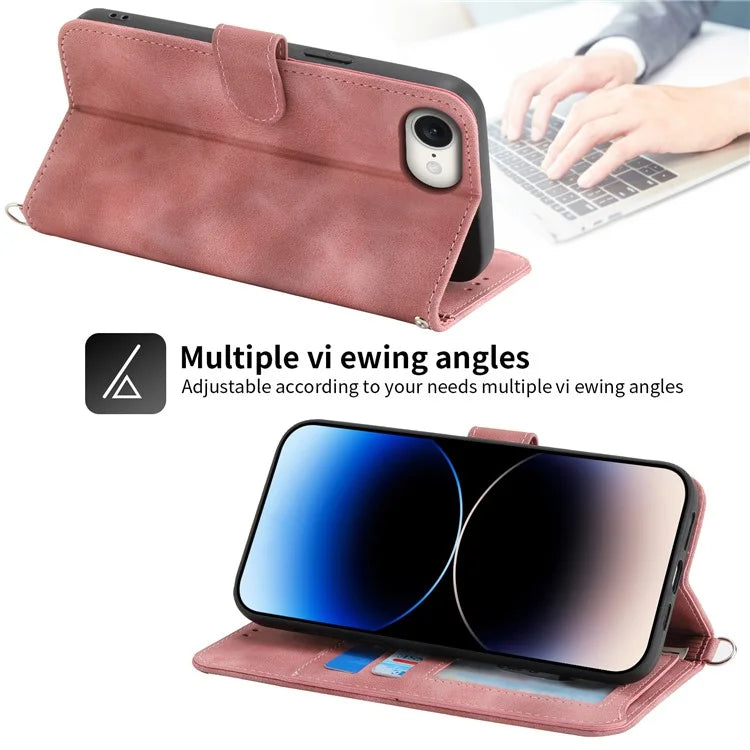 For iPhone SE (2024) Leather Case Multiple Card Slots Phone Cover with 2 Straps