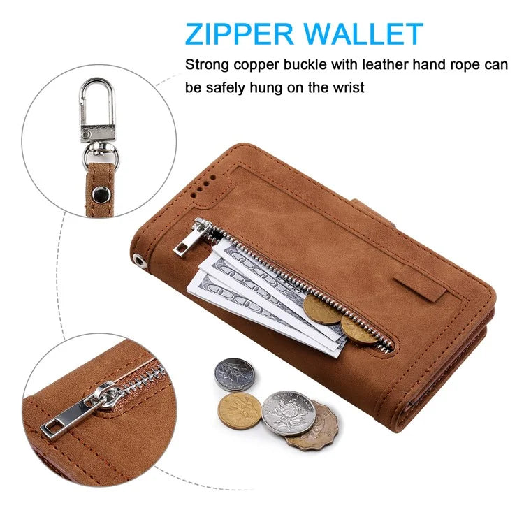 For Xiaomi Redmi 14C 4G Case Zipper Pocket PU Leather Phone Cover with 9 Card Slots