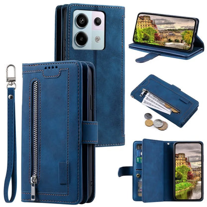 For Xiaomi Redmi 14C 4G Case Zipper Pocket PU Leather Phone Cover with 9 Card Slots
