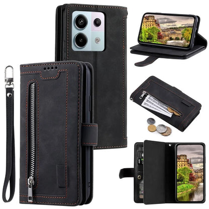 For Xiaomi Redmi 14C 4G Case Zipper Pocket PU Leather Phone Cover with 9 Card Slots