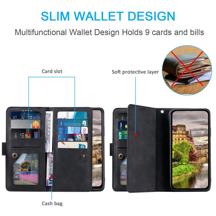 For Xiaomi Redmi 14C 4G Case Zipper Pocket PU Leather Phone Cover with 9 Card Slots