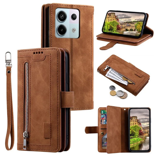 For Xiaomi 14T Phone Case Zipper Pocket 9 Card Slots PU Leather Flip Cover