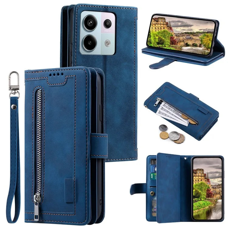 For Xiaomi 14T Phone Case Zipper Pocket 9 Card Slots PU Leather Flip Cover