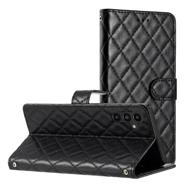 For Samsung Galaxy S24 FE Case Rhombus Pattern Leather Wallet Phone Cover with Strap