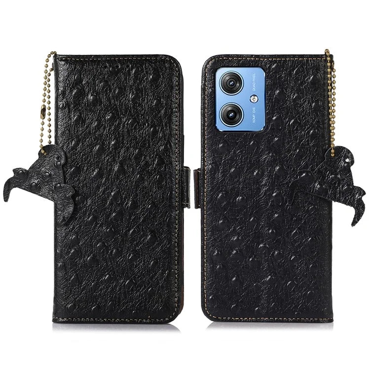 For Motorola Moto G64 5G Case RFID Blocking Genuine Cow Phone Cover Ostrich Texture
