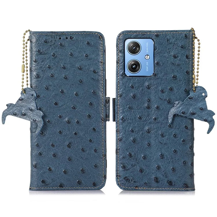 For Motorola Moto G64 5G Case RFID Blocking Genuine Cow Phone Cover Ostrich Texture