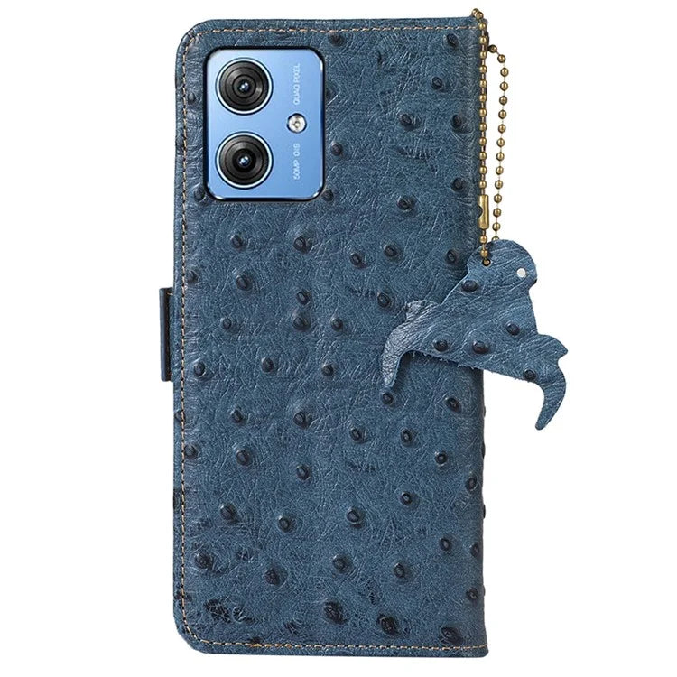 For Motorola Moto G64 5G Case RFID Blocking Genuine Cow Phone Cover Ostrich Texture