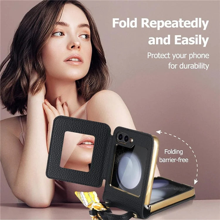 For Samsung Galaxy Z Flip5 5G Case Folding Mirror PU Leather+PC Tote Phone Cover with Back Film