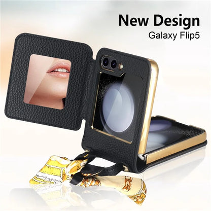 For Samsung Galaxy Z Flip5 5G Case Folding Mirror PU Leather+PC Tote Phone Cover with Back Film