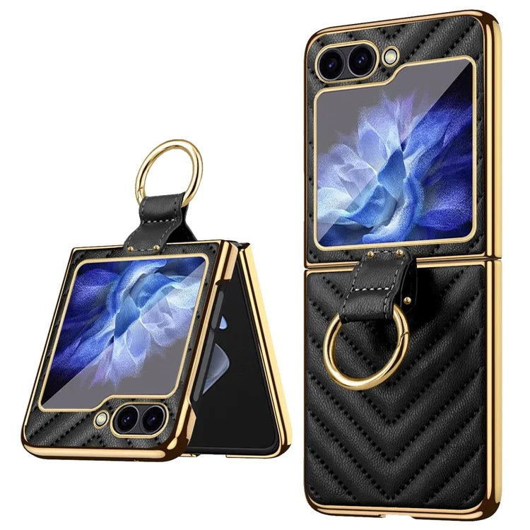 For Samsung Galaxy Z Flip6 5G Case V-Shape Pattern Kickstand PC Phone Cover