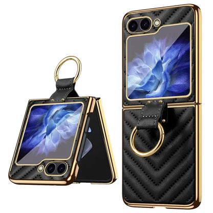For Samsung Galaxy Z Flip6 5G Case V-Shape Pattern Kickstand PC Phone Cover