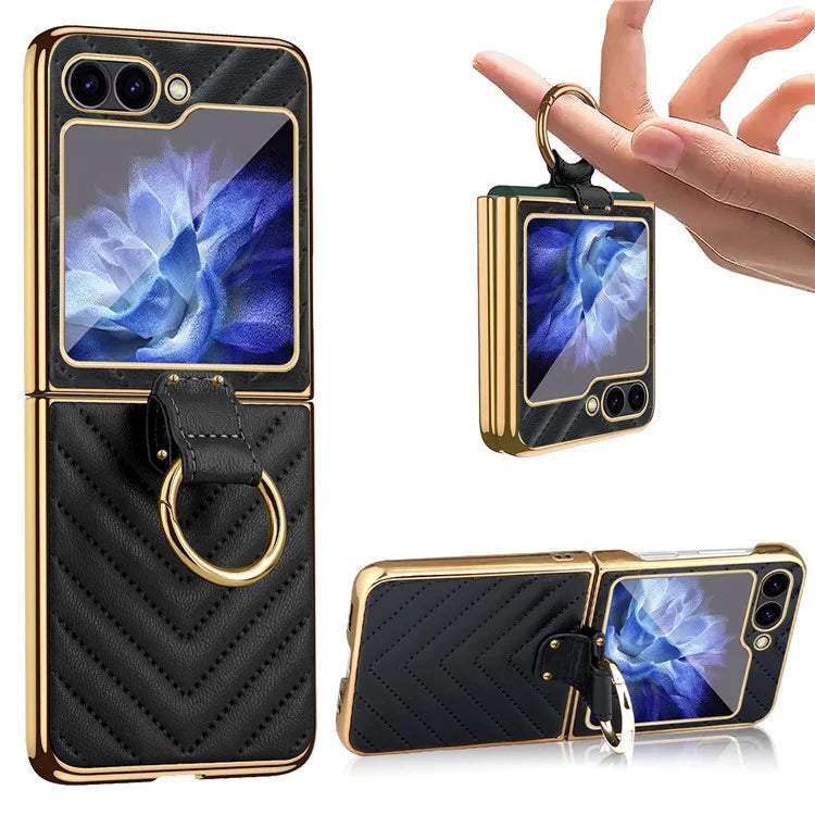 For Samsung Galaxy Z Flip6 5G Case V-Shape Pattern Kickstand PC Phone Cover