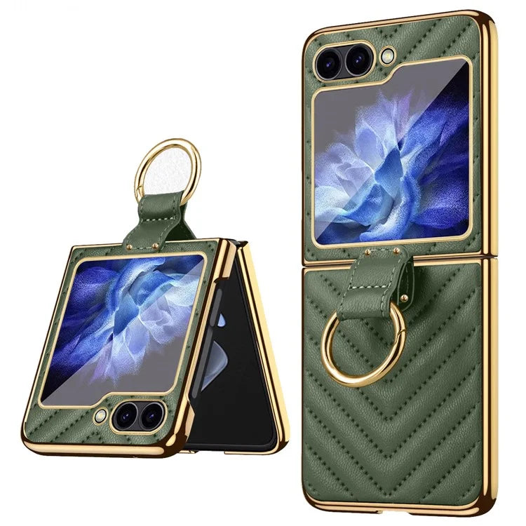 For Samsung Galaxy Z Flip6 5G Case V-Shape Pattern Kickstand PC Phone Cover