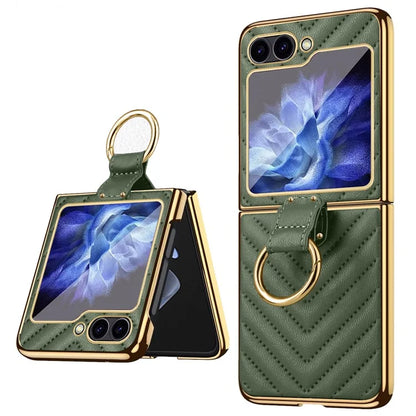 For Samsung Galaxy Z Flip6 5G Case V-Shape Pattern Kickstand PC Phone Cover