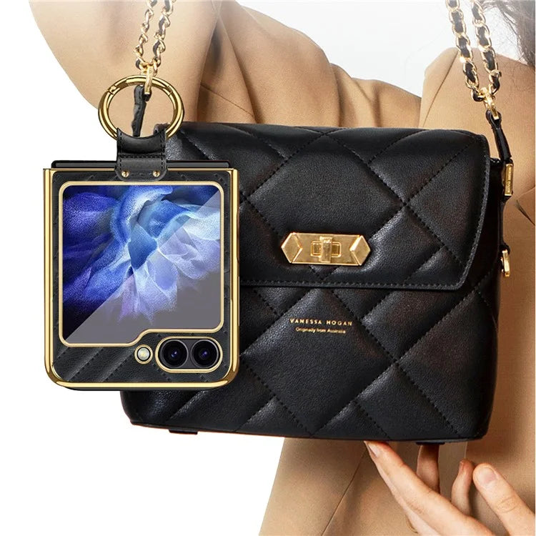 For Samsung Galaxy Z Flip6 5G Case V-Shape Pattern Kickstand PC Phone Cover