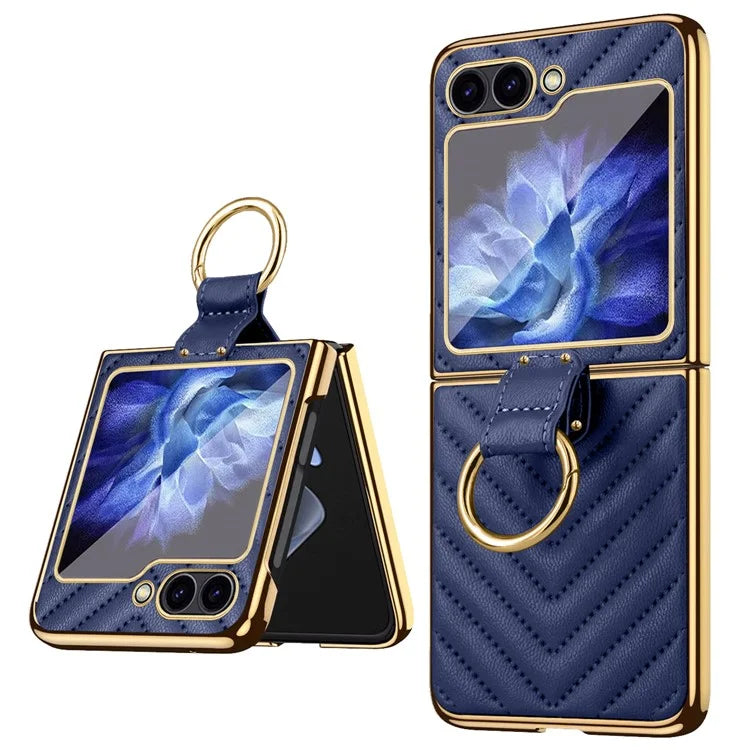 For Samsung Galaxy Z Flip6 5G Case V-Shape Pattern Kickstand PC Phone Cover