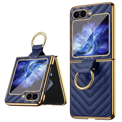 For Samsung Galaxy Z Flip6 5G Case V-Shape Pattern Kickstand PC Phone Cover