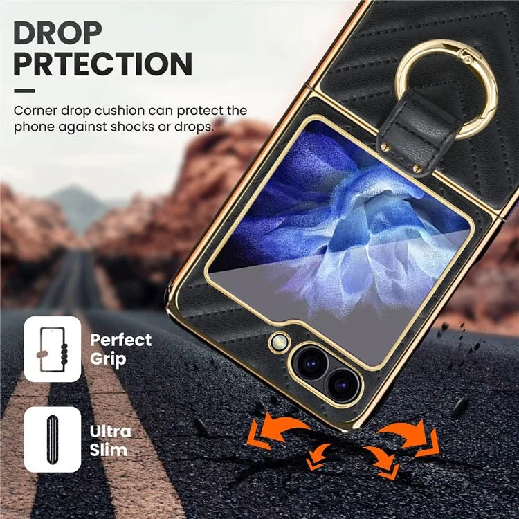 For Samsung Galaxy Z Flip6 5G Case V-Shape Pattern Kickstand PC Phone Cover